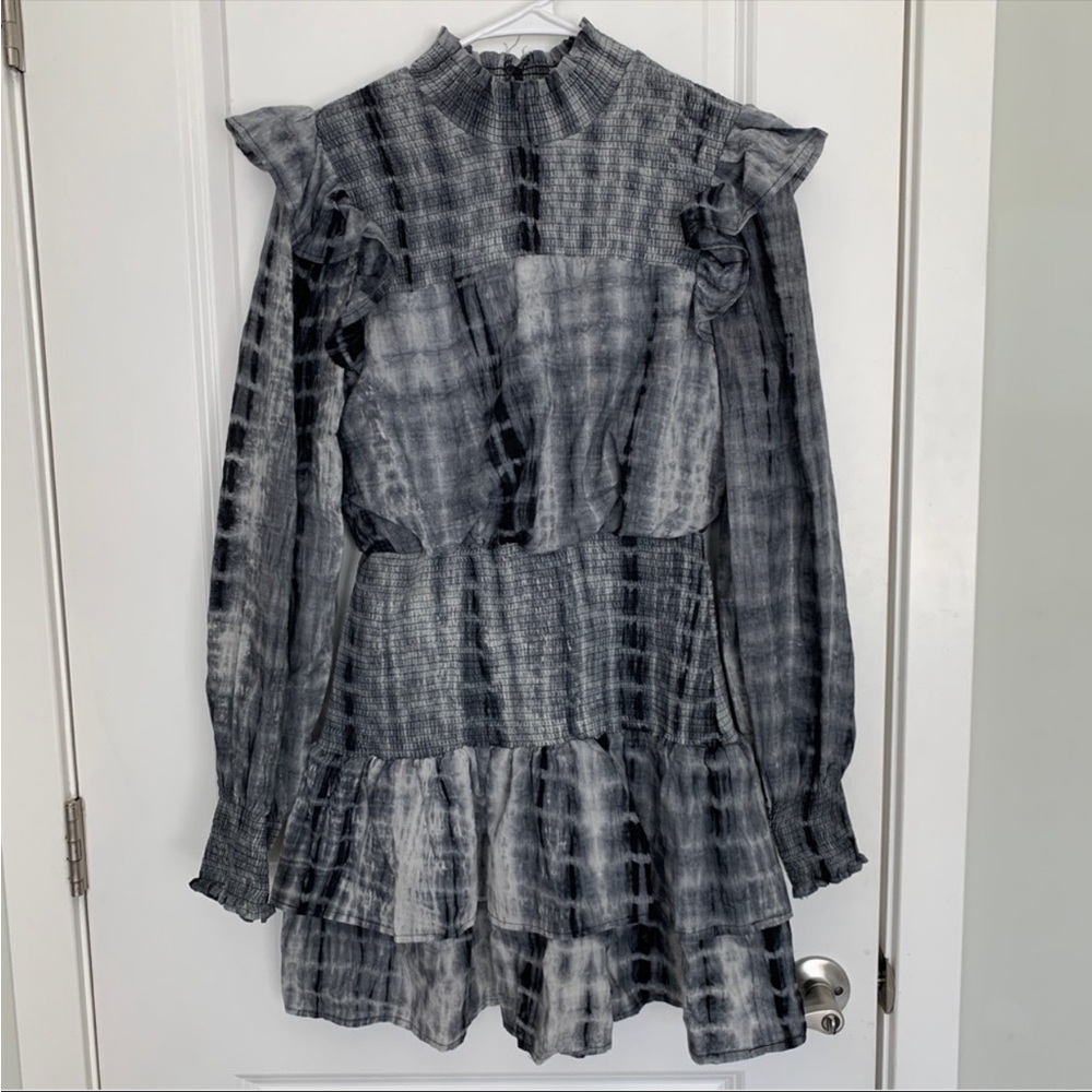 Women’s XS ENGLISH FACTORY Navy Blue White Tie Dye Smocked Ruffle Preppy Dresss